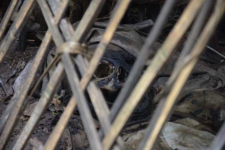 Human skull visible through the gaps of a bamboo burial cage